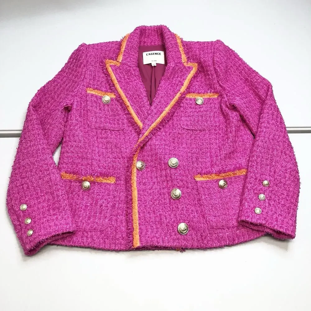 L'AGENCE Hot Pink Tweed Double-Breasted Blazer with Orange Trim - Picture 1 of 13